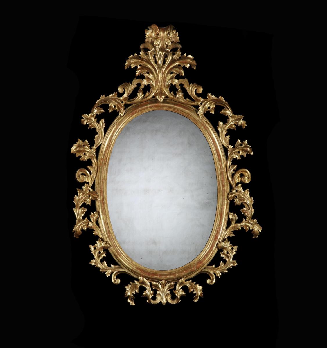 Grand Scale Pair of 19th Century Oval Florentine Carved Gilt Wood Mirrors