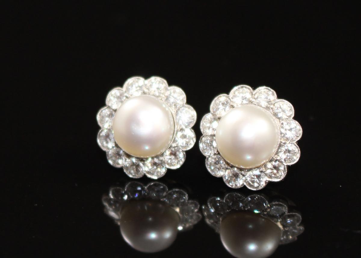 Art Deco Large Pearl & Diamond Cluster Earrings c.1930