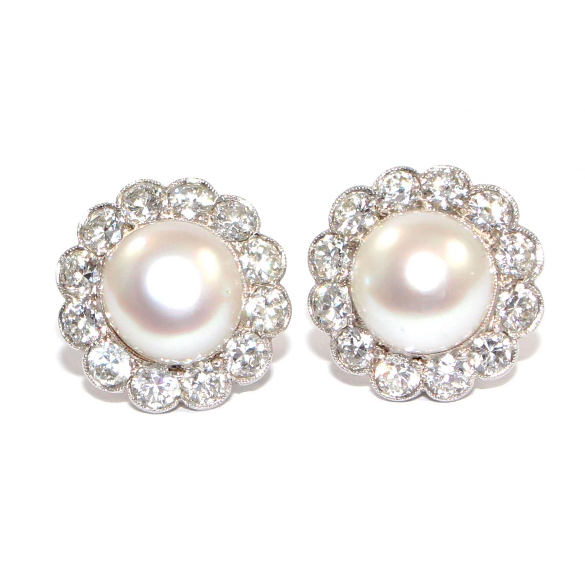 Art Deco Large Pearl & Diamond Cluster Earrings c.1930