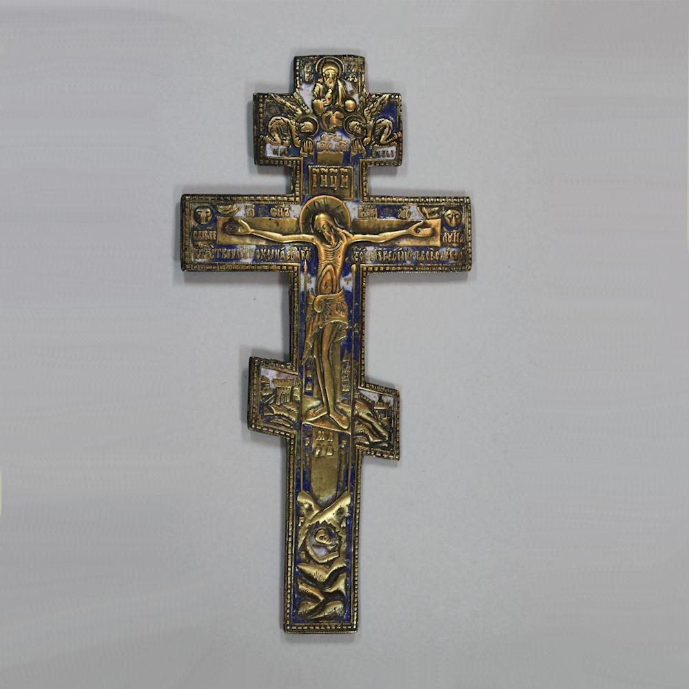 Small Russian bronze blessing icon cross, 19th century