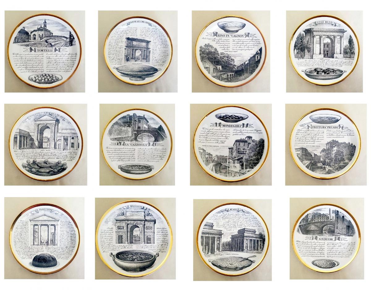 Piero Fornasetti Specialità Milanese Set of Twelve Porcelain Plates, 1960-70