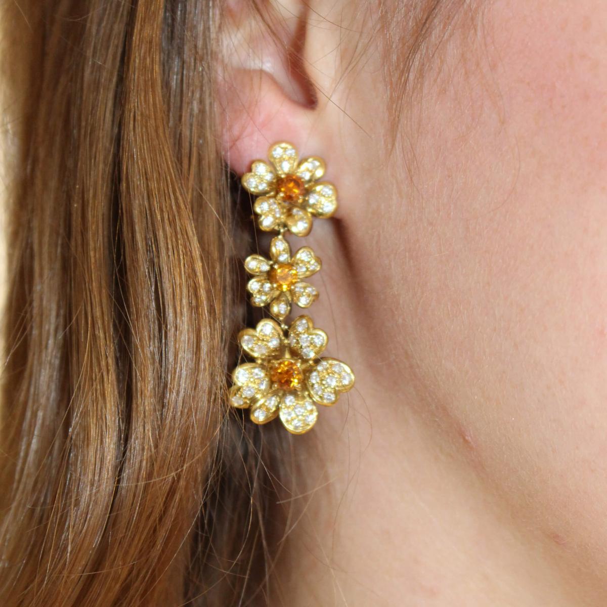 Orange Diamond and Diamond Flower Drop Earrings c.1970 | BADA
