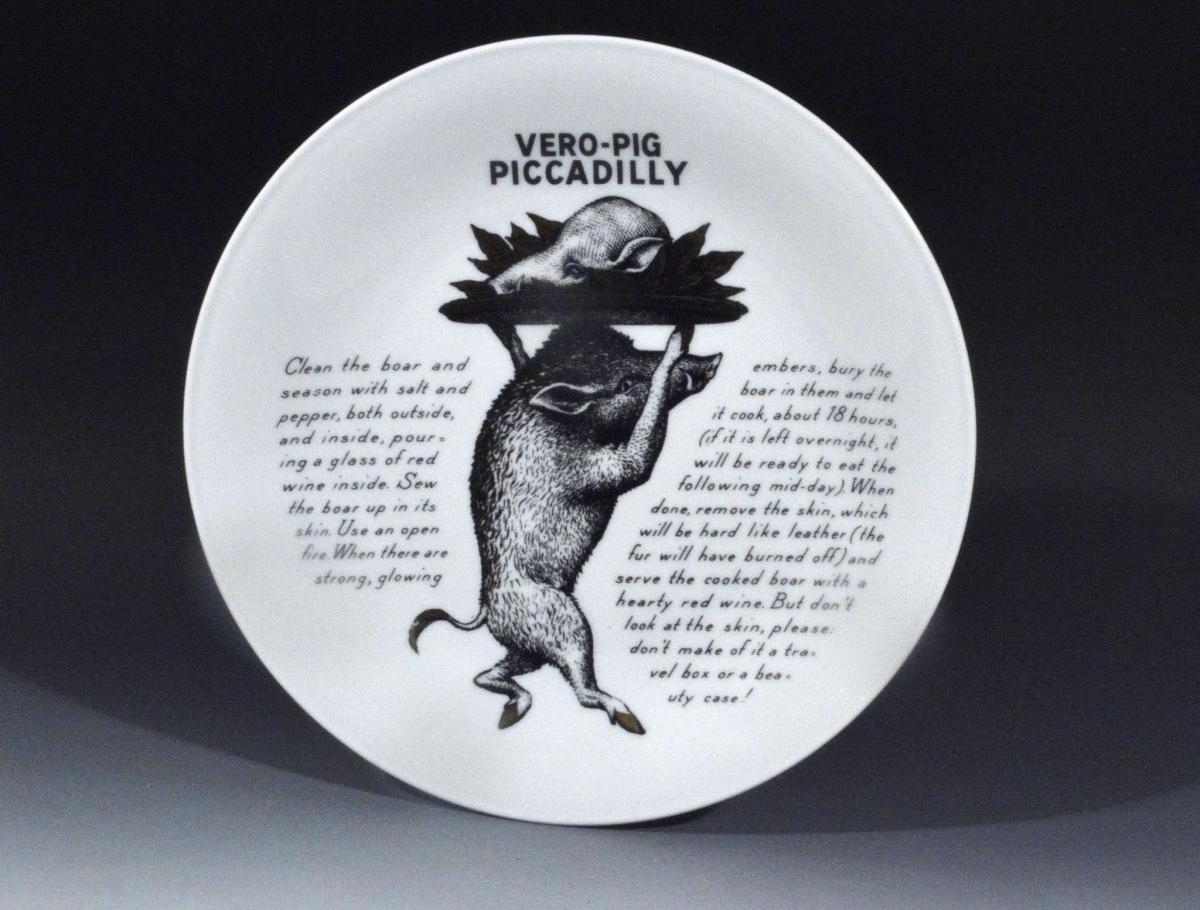 Piero Fornasetti Fleming Joffe Porcelain Recipe Plate, Vero-Pig Piccadilly, 1960s