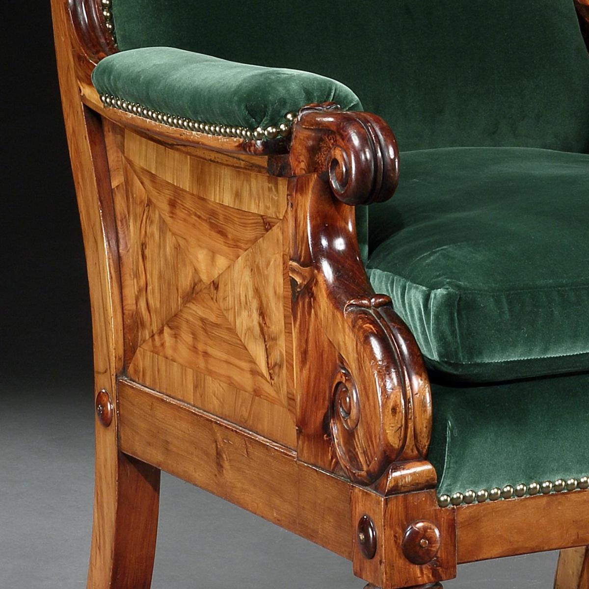 Rare Late Regency Yew Wood Library Bergere Armchair