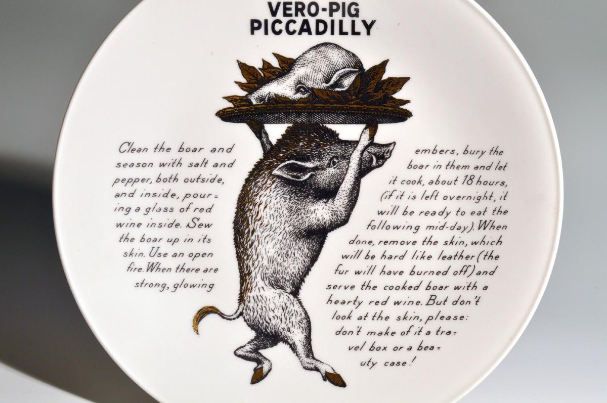 Piero Fornasetti Fleming Joffe Porcelain Recipe Plate, Vero Pig Piccadilly, 1960s