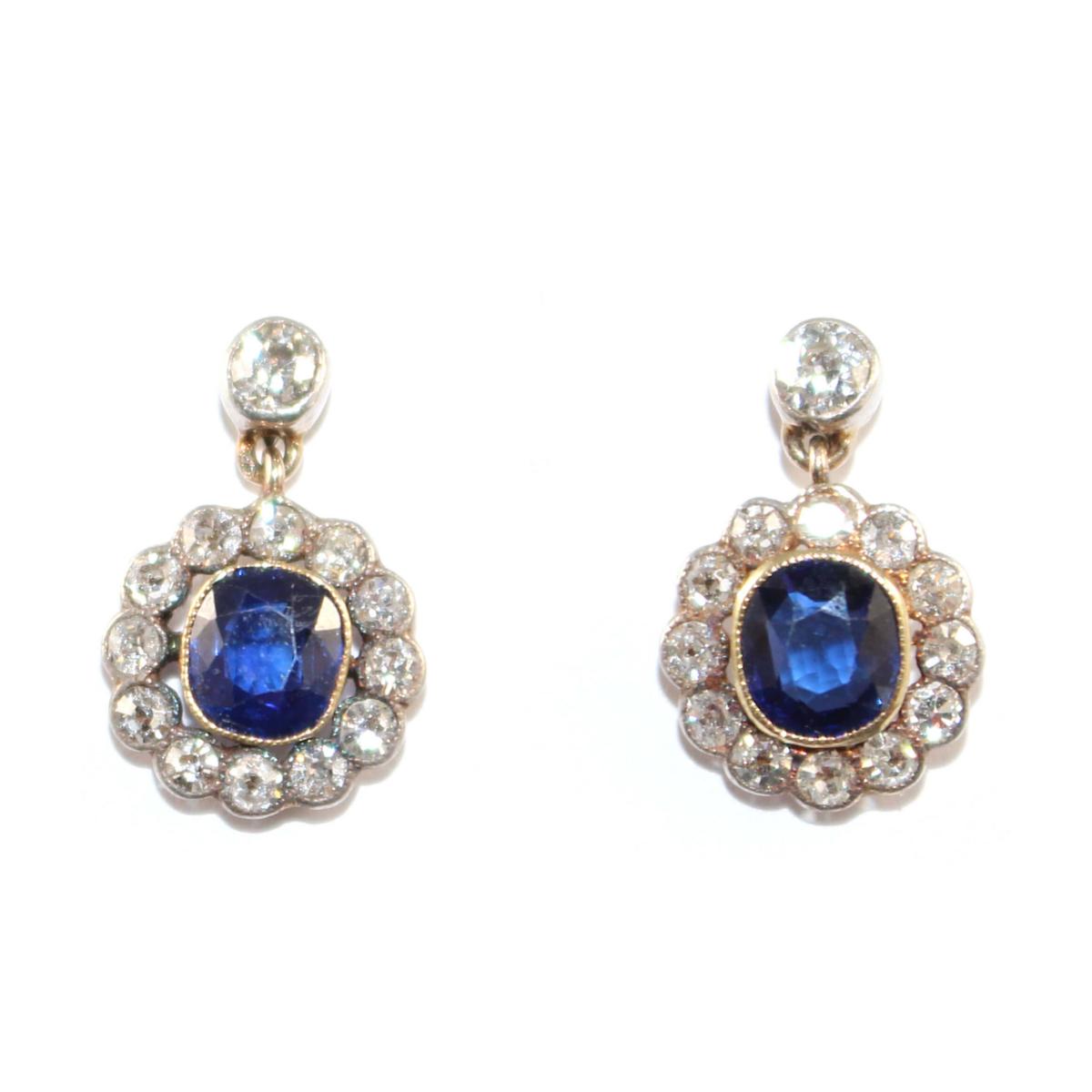 Edwardian Sapphire & Diamond Daisy Cluster Drop Earrings c.1920