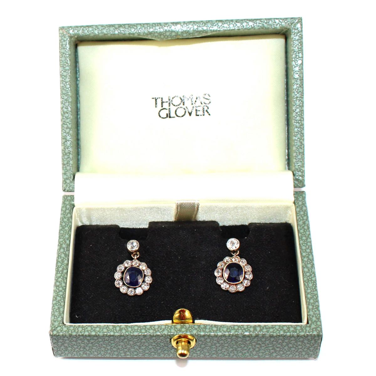 Edwardian Sapphire & Diamond Daisy Cluster Drop Earrings c.1920