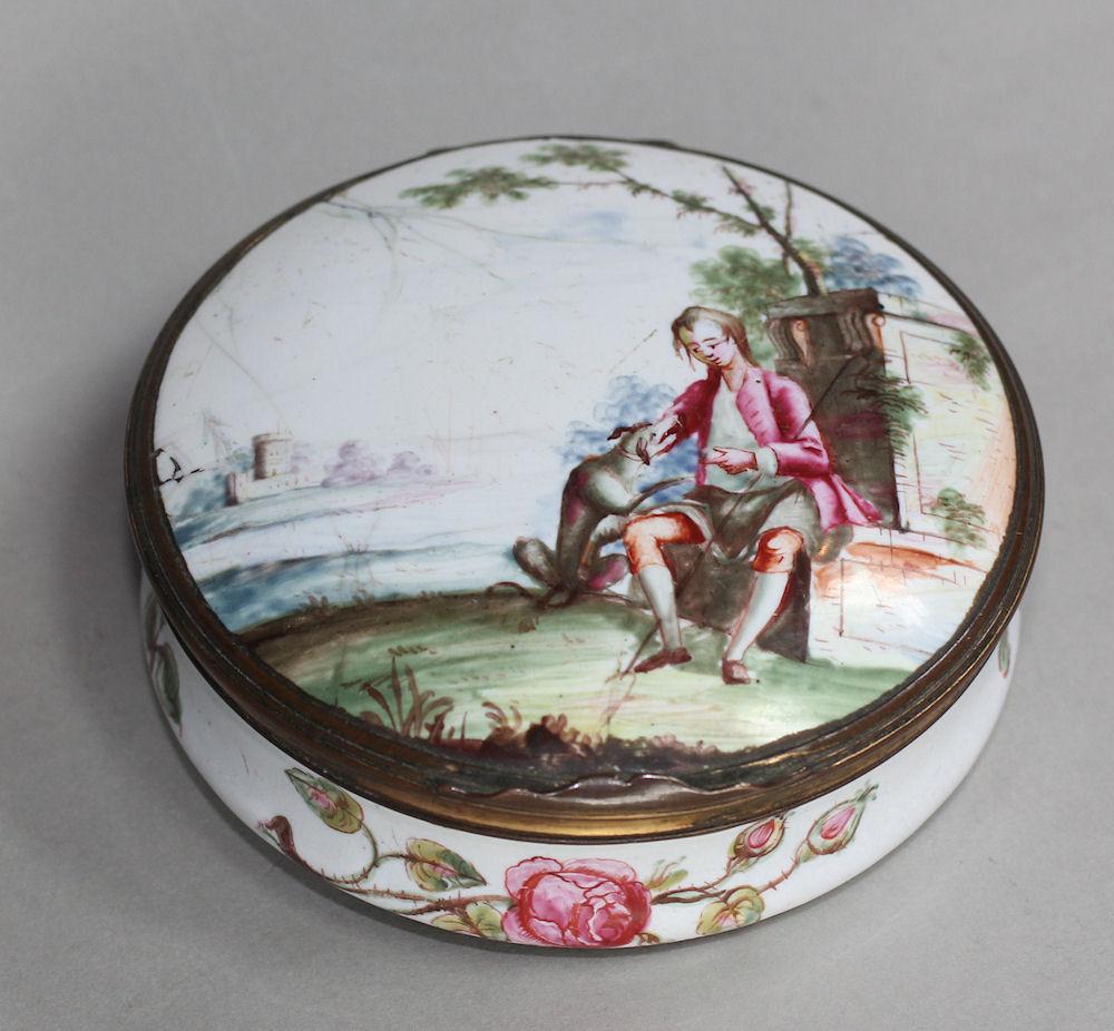English circular Staffordshire enamel box, circa 1770