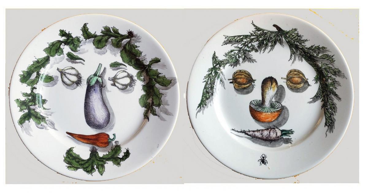 Piero Fornasetti Pottery Arcimboldesca-Motif Vegetable Face Plates, Circa 1955-60's