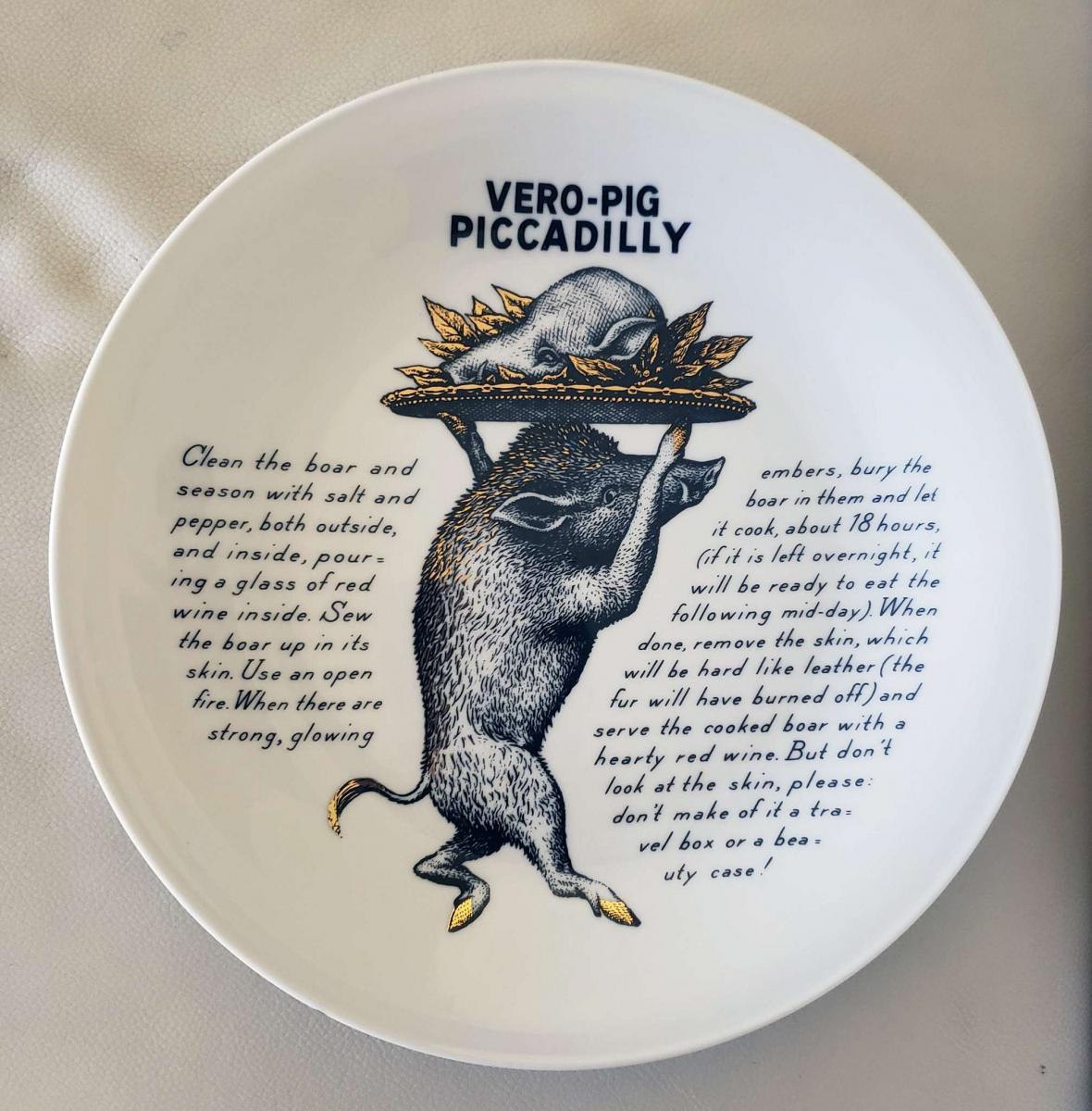 Piero Fornasetti Recipe Plate, Vero-Pig Piccadilly, Made for Fleming Joffe, Silkscreen & Transfer, Early 1960's