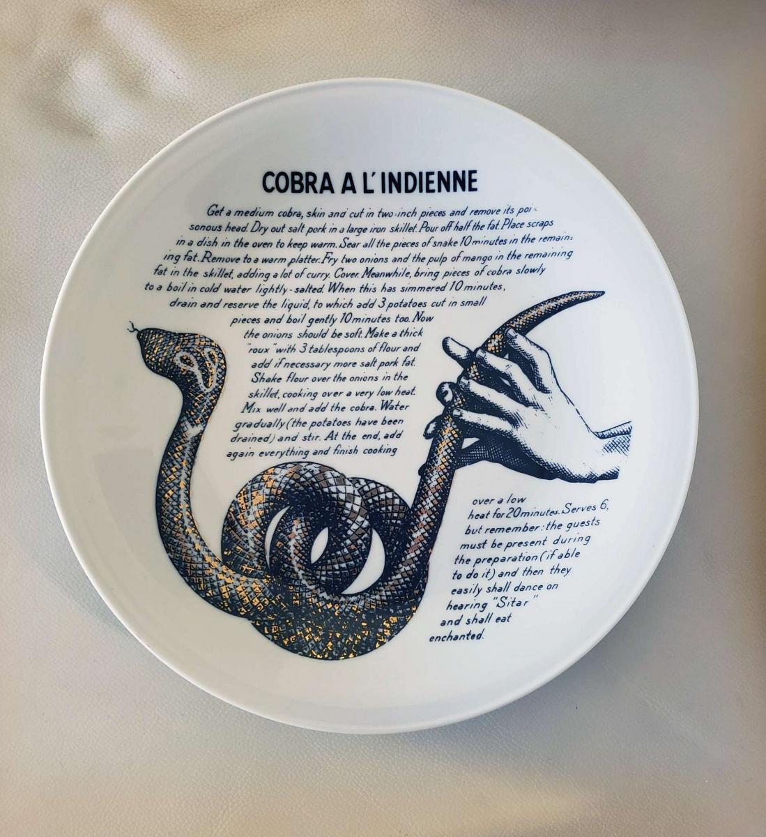 Vintage Piero Fornasetti Recipe Plate, Cobra A L'Indienne, Made for Fleming Joffe, Silkscreen & Transfer on Porcelain, 1960s