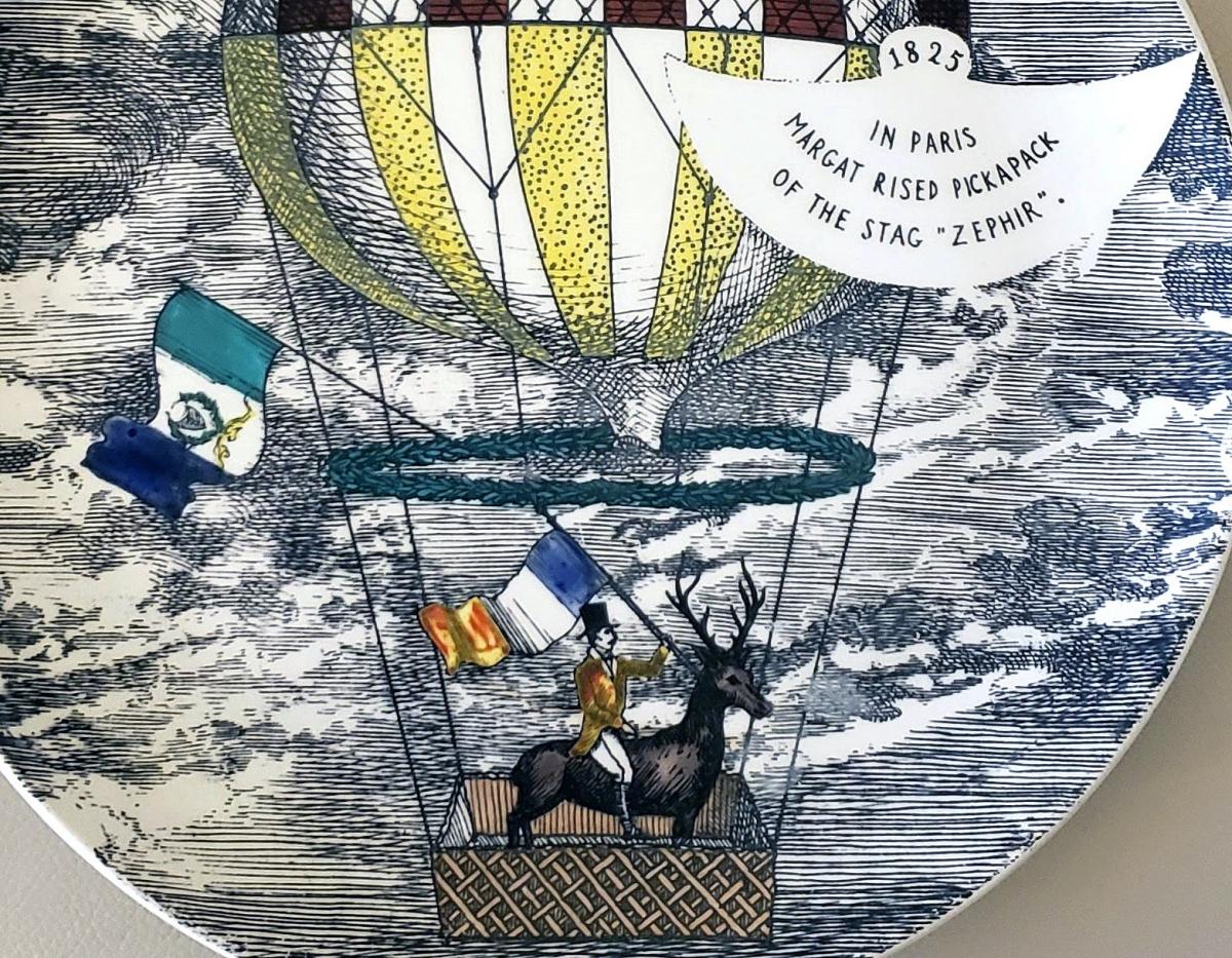Vintage Piero Fornasetti Plate, Mongolfiere (hot air) Design, Number 9 in series, 1950's