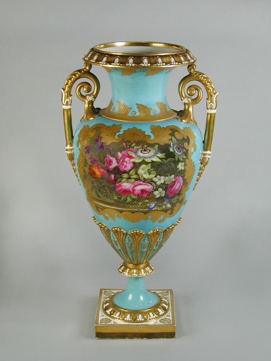 Pair large Chamberlain Worcester turquoise ground vases with finely painted panels, c.1820