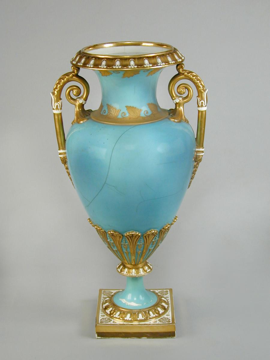 Pair large Chamberlain Worcester turquoise ground vases with finely painted panels, c.1820