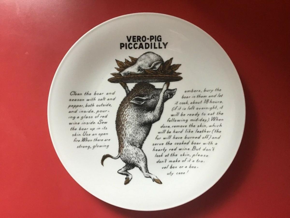 Piero Fornasetti Fleming Joffe Porcelain Recipe Plate, Vero-Pig Piccadilly, With Original "Hide" Box, 1960s