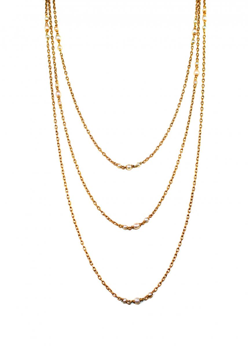 Edwardian Natural Pearl set Triple Drop Chain Necklace French c.1910 | BADA