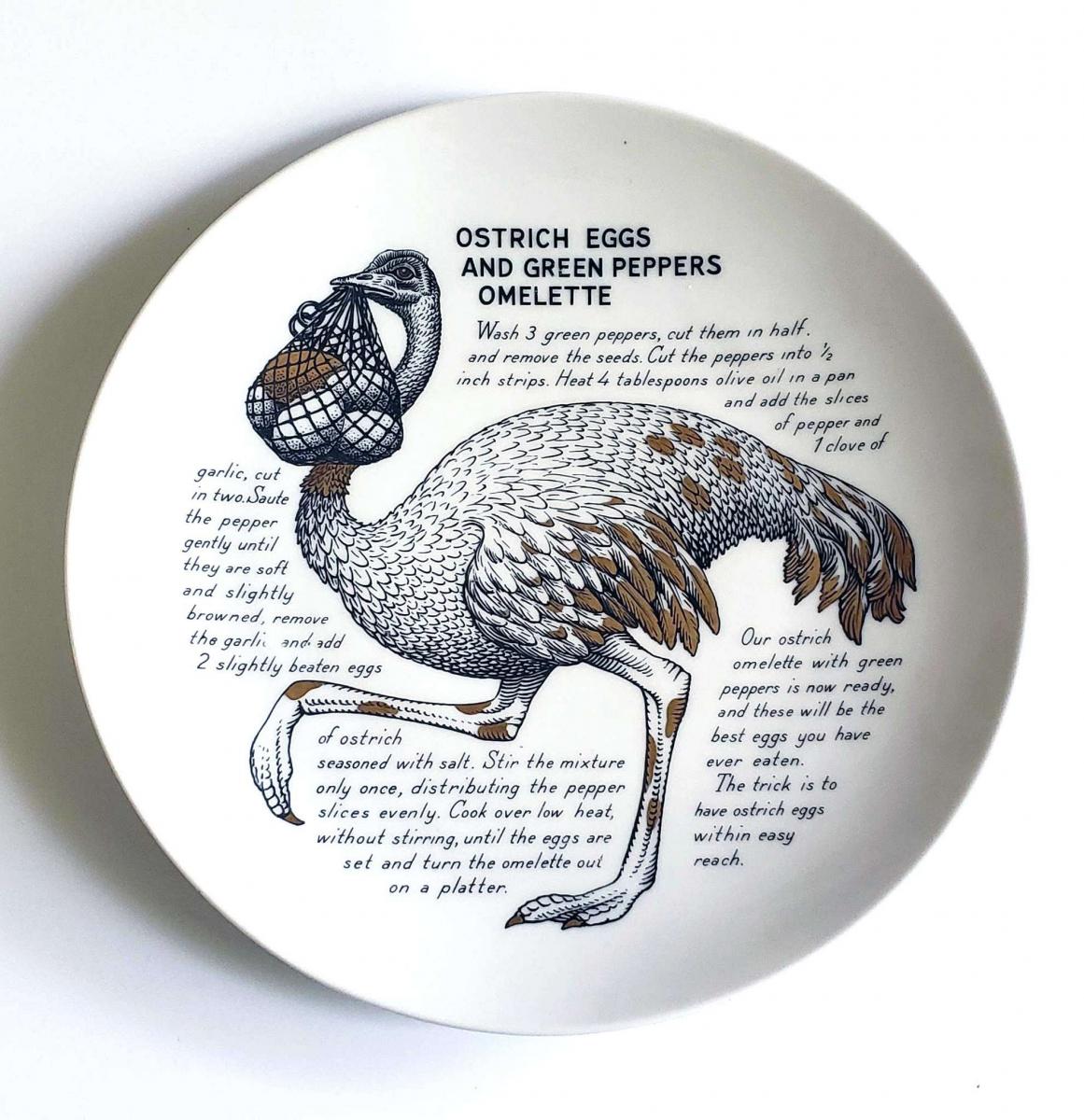 Piero Fornasetti Fleming Joffe Porcelain Recipe Plate, Ostrich & Chicken Breasts, 1960s-1974