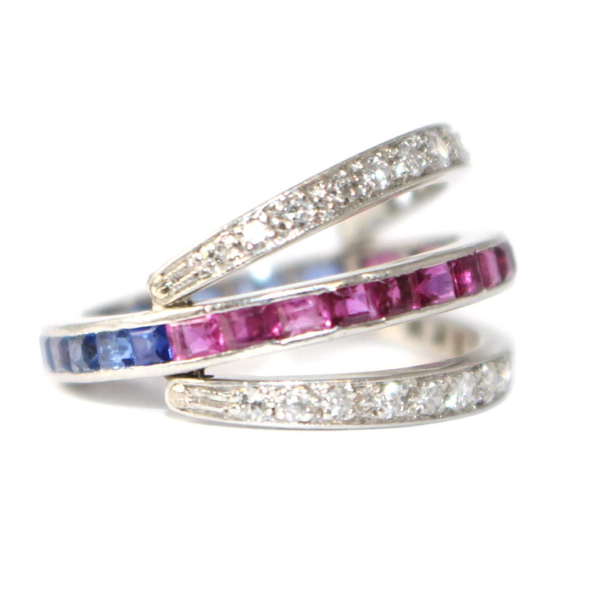 Art Deco Sapphire, Ruby and Diamond Flip Eternity Ring c. 1935 size L 1/2