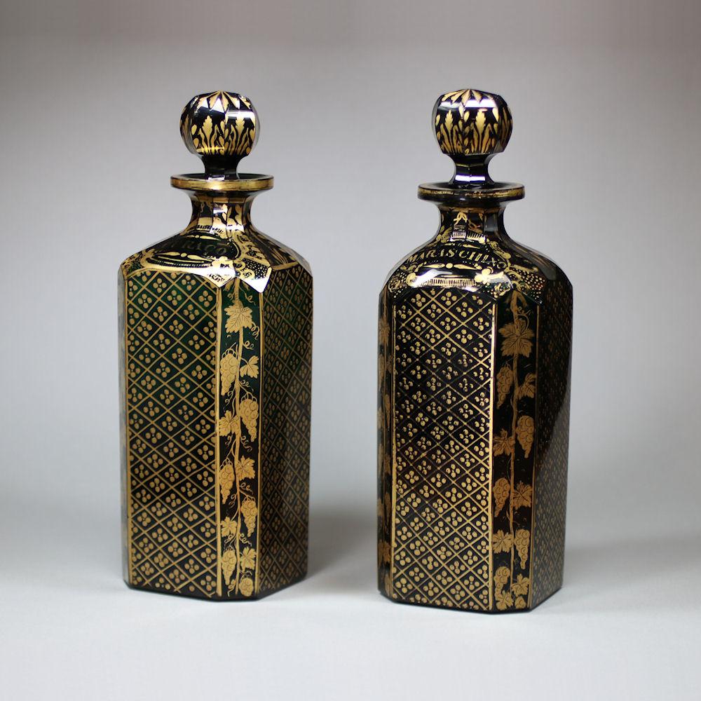 Pair of Bristol green glass decanters and stoppers, late 18th century