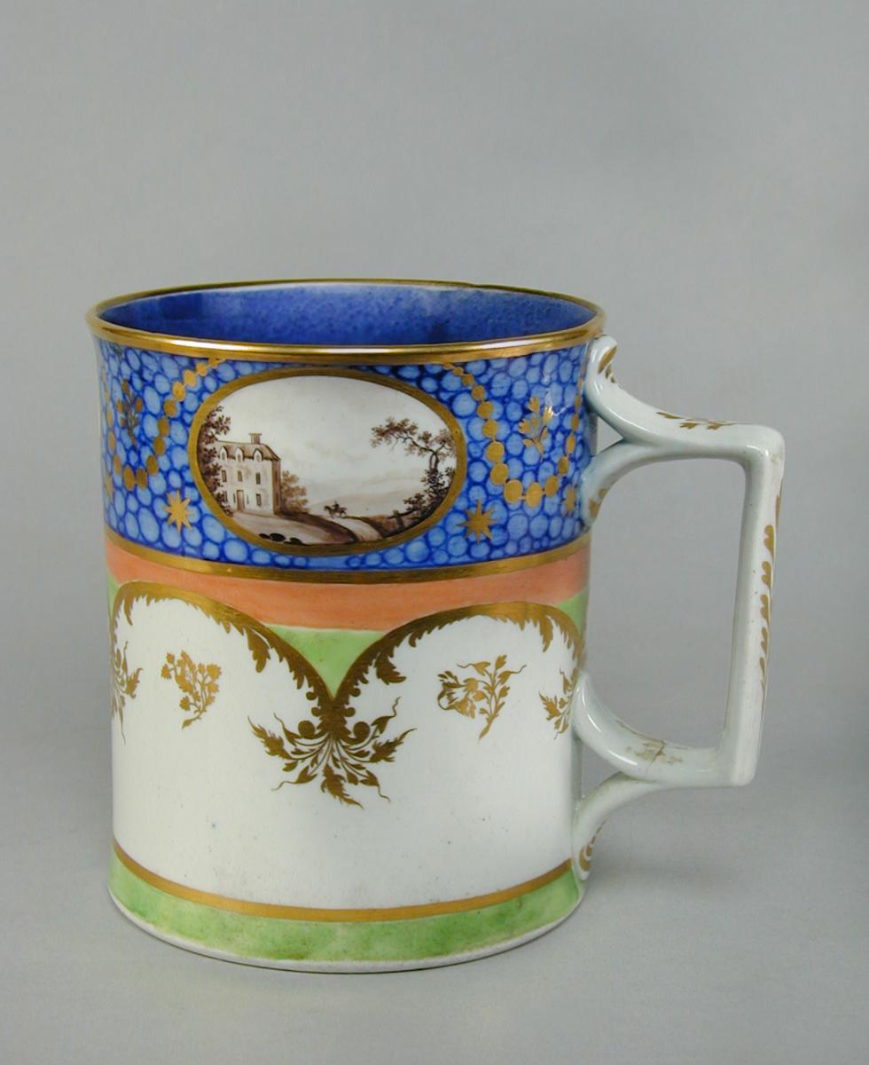 An unusual English porcelain tankard with sepia reserves, c.1790