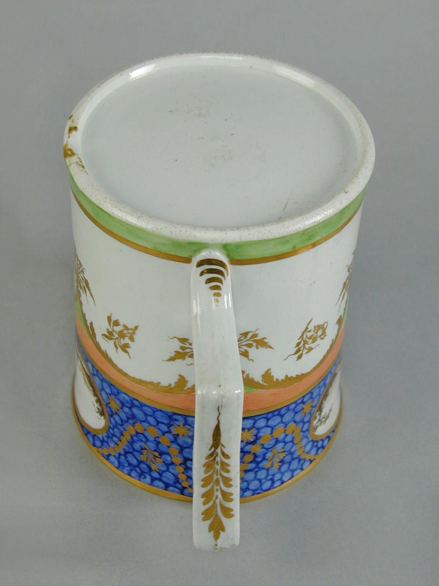 An unusual English porcelain tankard with sepia reserves, c.1790