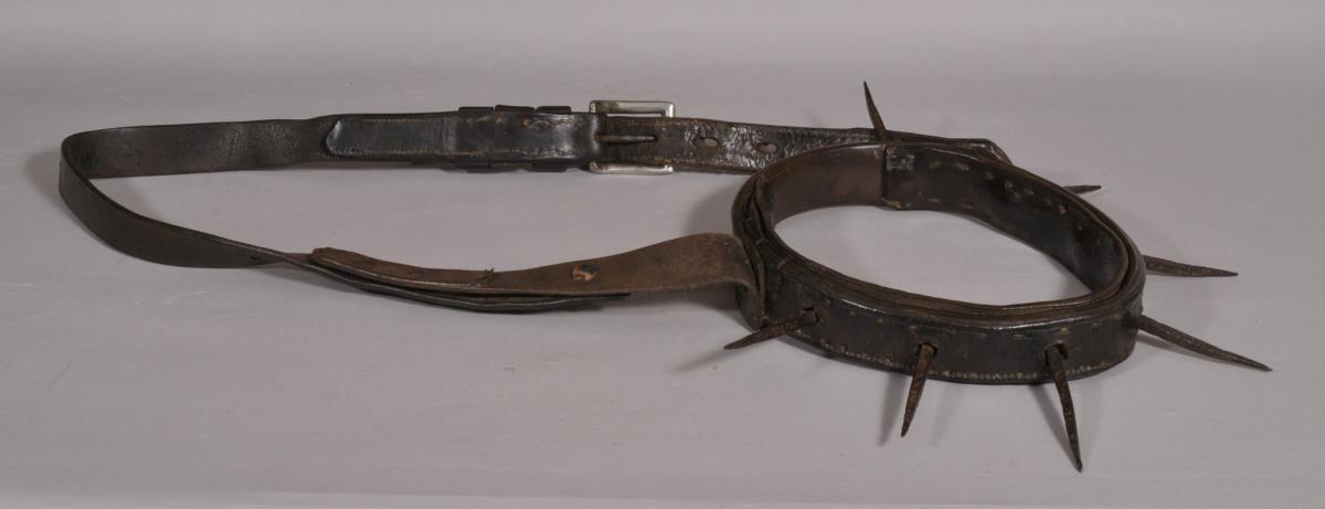 S/4383 Antique Leather and Iron Spiked Hunting Dog Collar of the Georgian Period