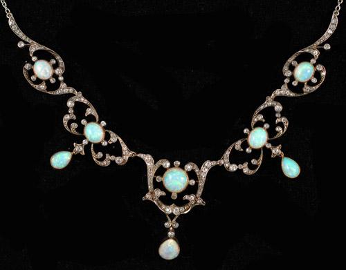 Gold on silver Victorian opal and diamond necklace circa 1890