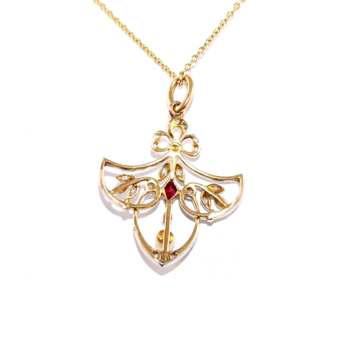 Art Nouveau Ruby, Pearl & Diamond Pendant French c.1910