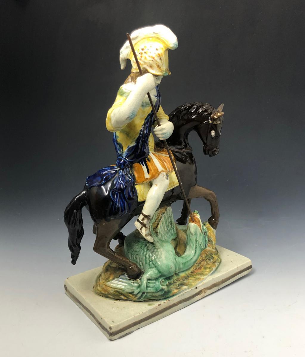 St. George and the Dragon figure on base Staffordshire pottery late 18th century