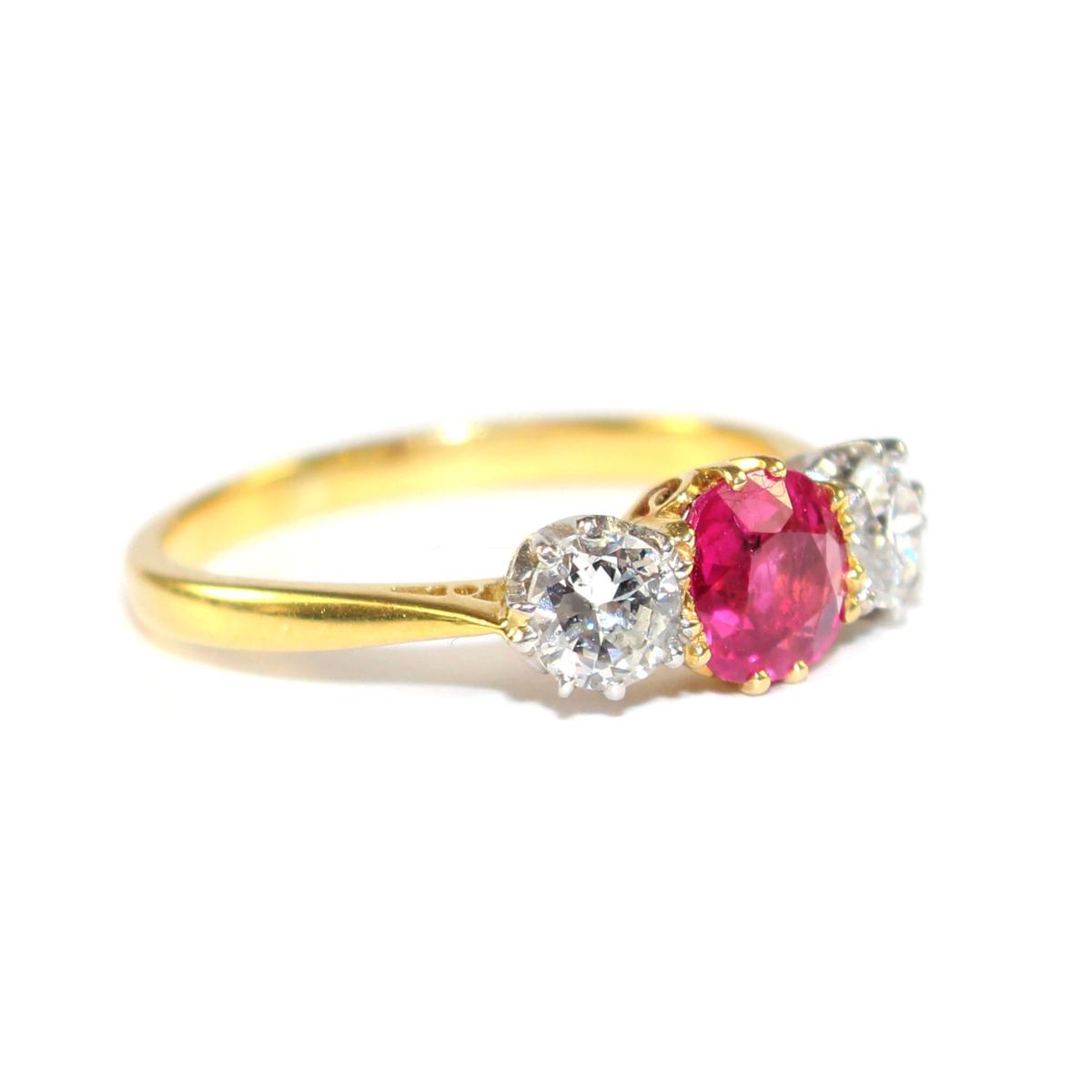 Edwardian Ruby & Diamond 3 Stone Ring c.1920