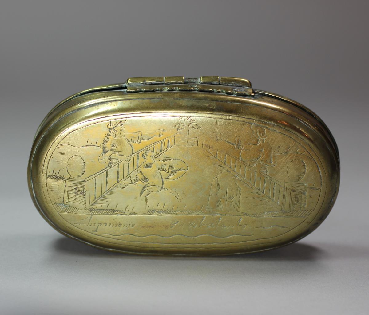 Brass oval tobacco box, circa 1760