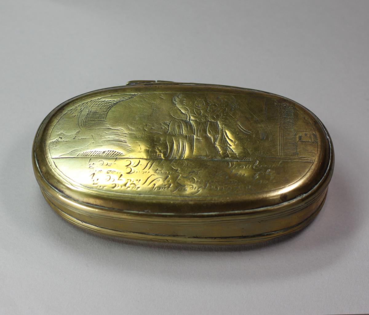 Brass oval tobacco box, circa 1760