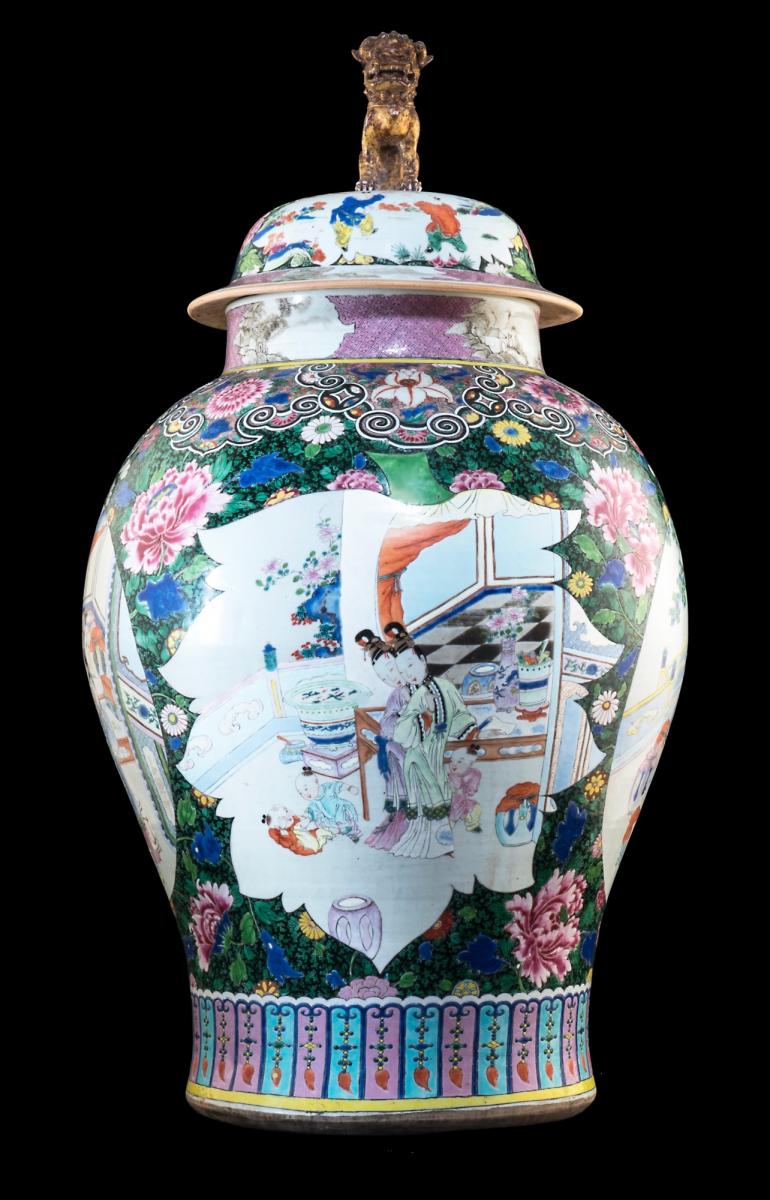 A pair of Chinese 'Famille-Rose' porcelain baluster jars & covers