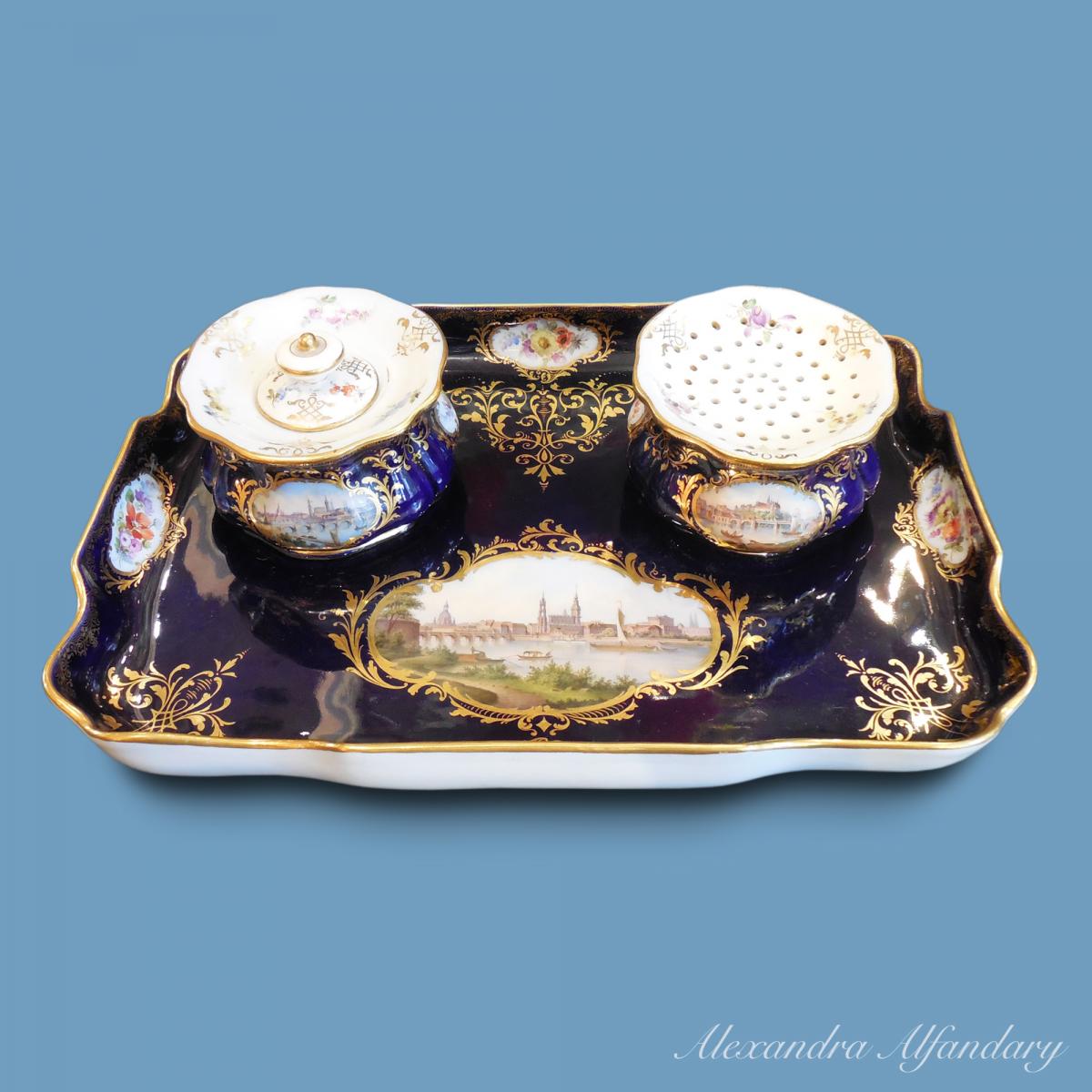A Meissen Inkwell with topographical scenes