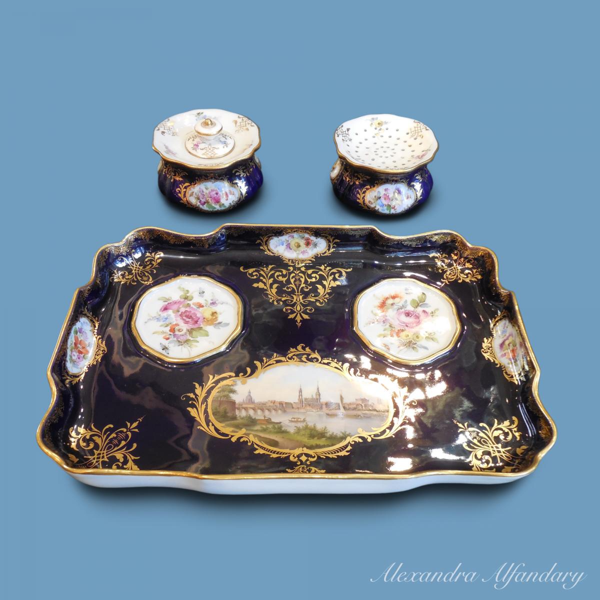 A Finely Decorated Topographical Meissen Porcelain Inkwell
