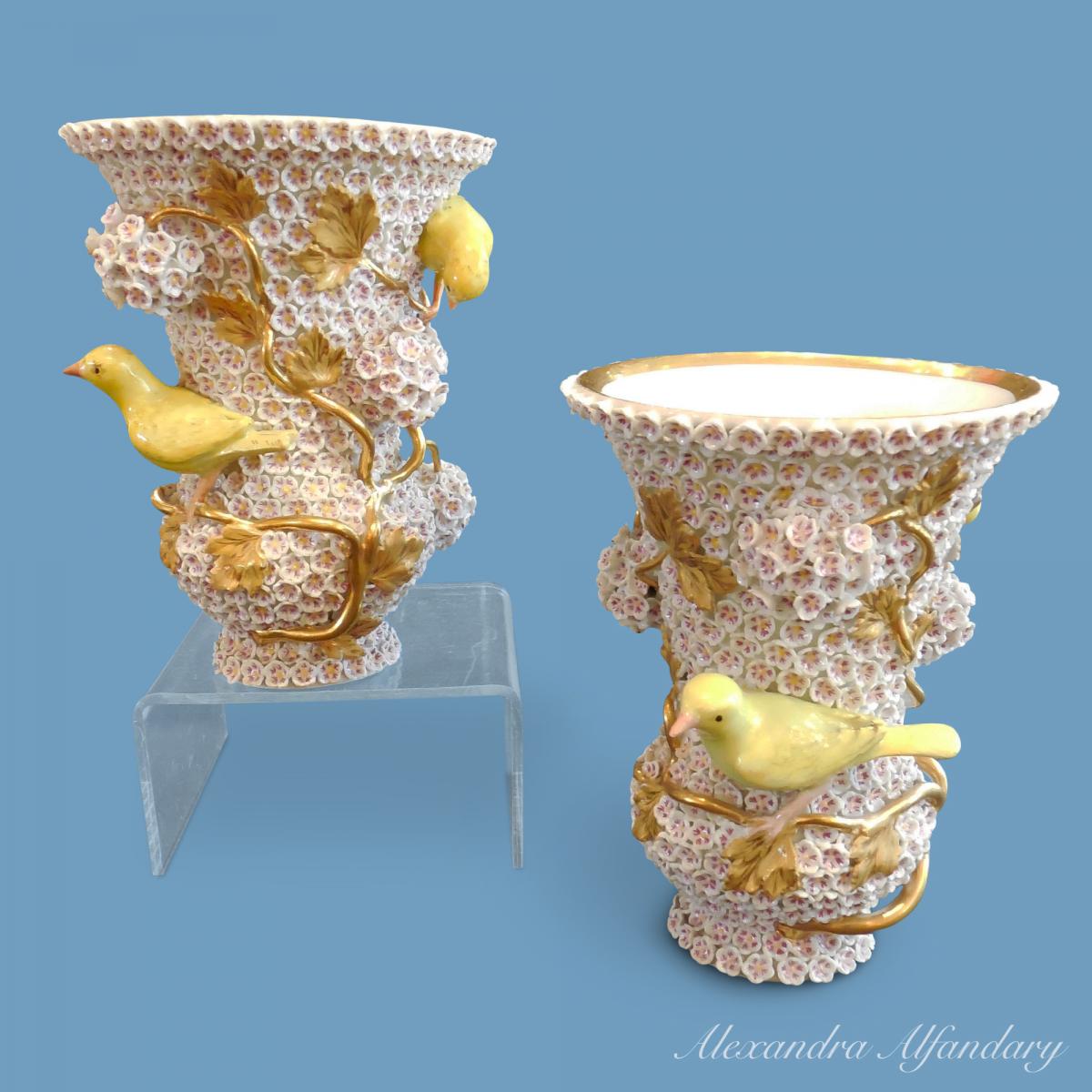 A Pair Of Meissen Campagna Shaped Porcelain Snowball (Schneeball) Vases, circa 1860-70