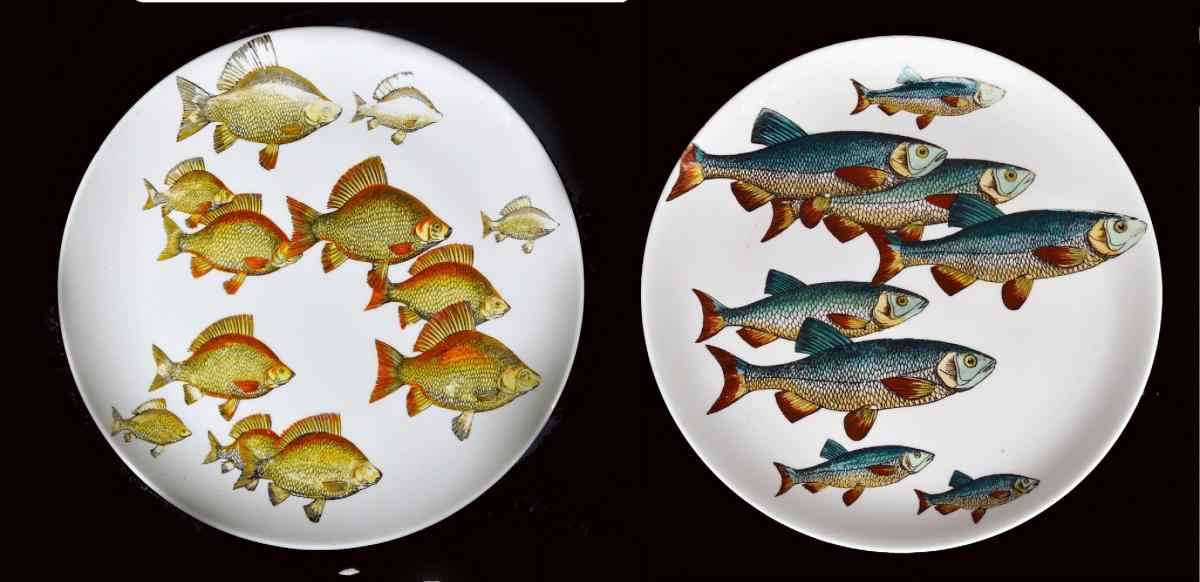 Pair of Rare Piero Fornasetti Fish Plates, Pesci pattern or Passage of Fish, Numbered # 2 & 3, Circa 1960s