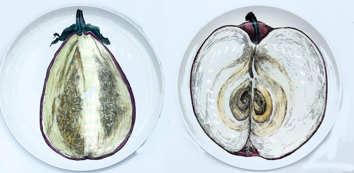 Piero Fornasetti Pair of Sezioni Di Frutta Porcelain Eggplant & Apple Plates (Nos 6 & 7)