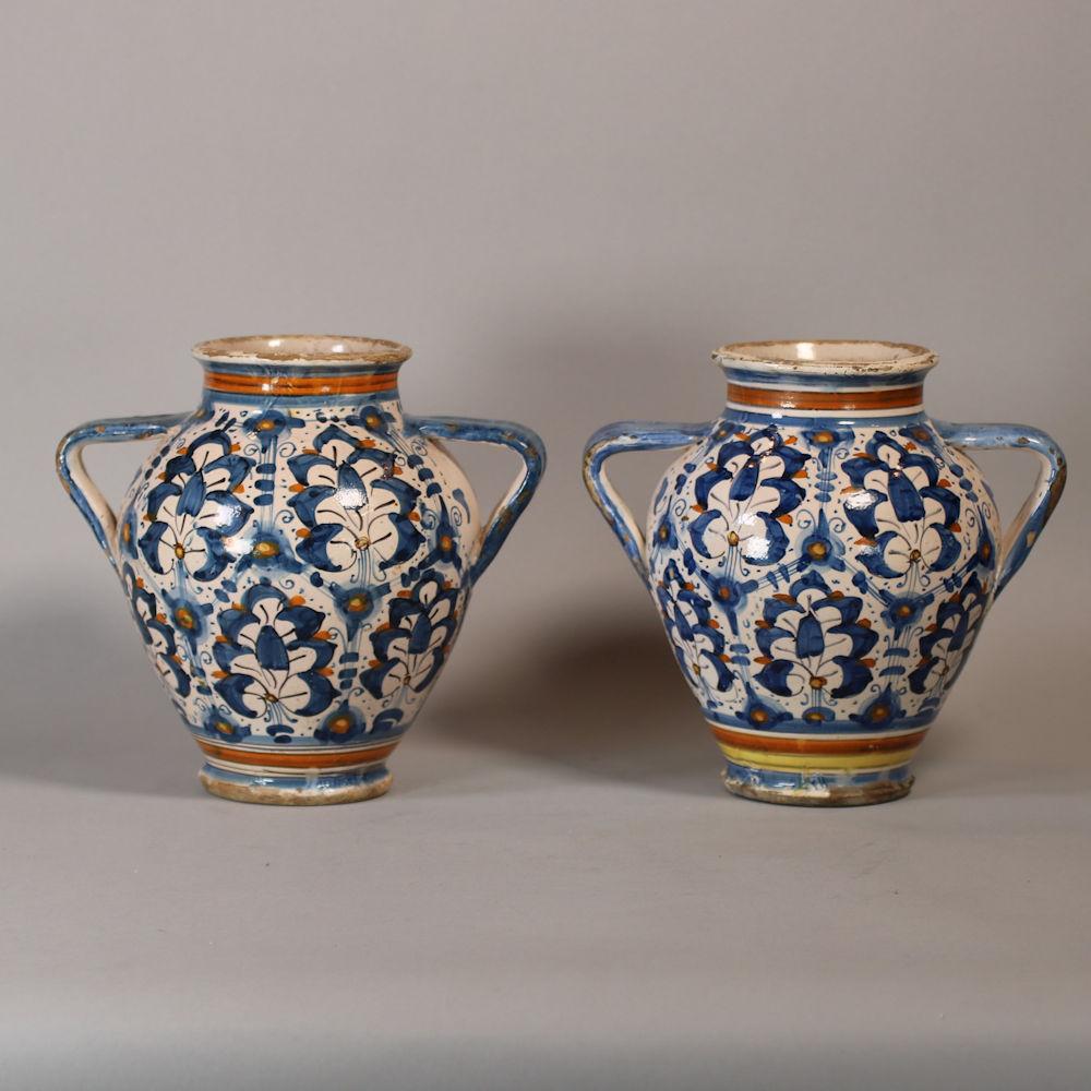 Pair of Italian Montelupo two-handled vases, late 16th century