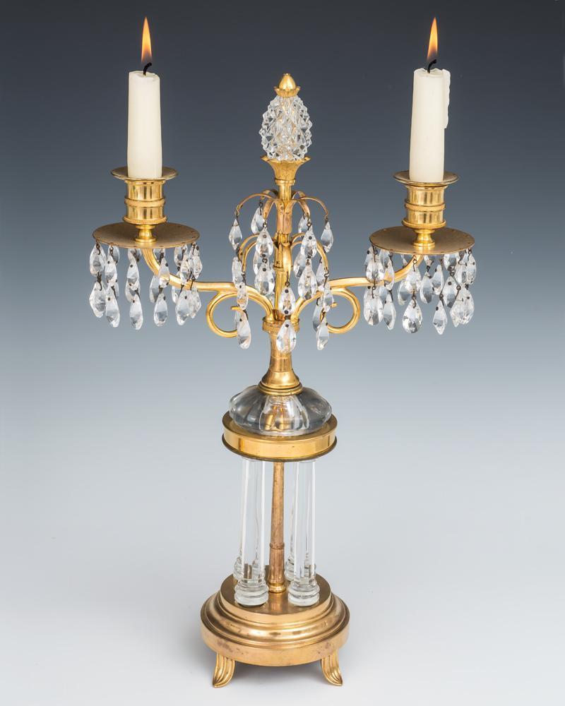 A Pair of Ormolu and Glass Temple Candelabra