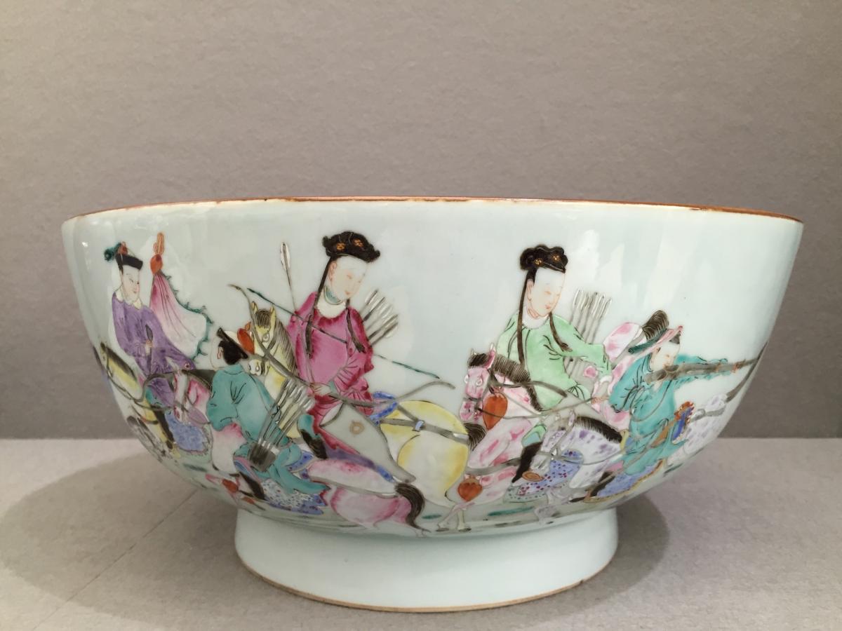 A Rare Chinese 'Famille-Rose' 'Mandarin Hunting Party' Porcelain Punch Bowl, Qing Dynasty, Qianlong Period