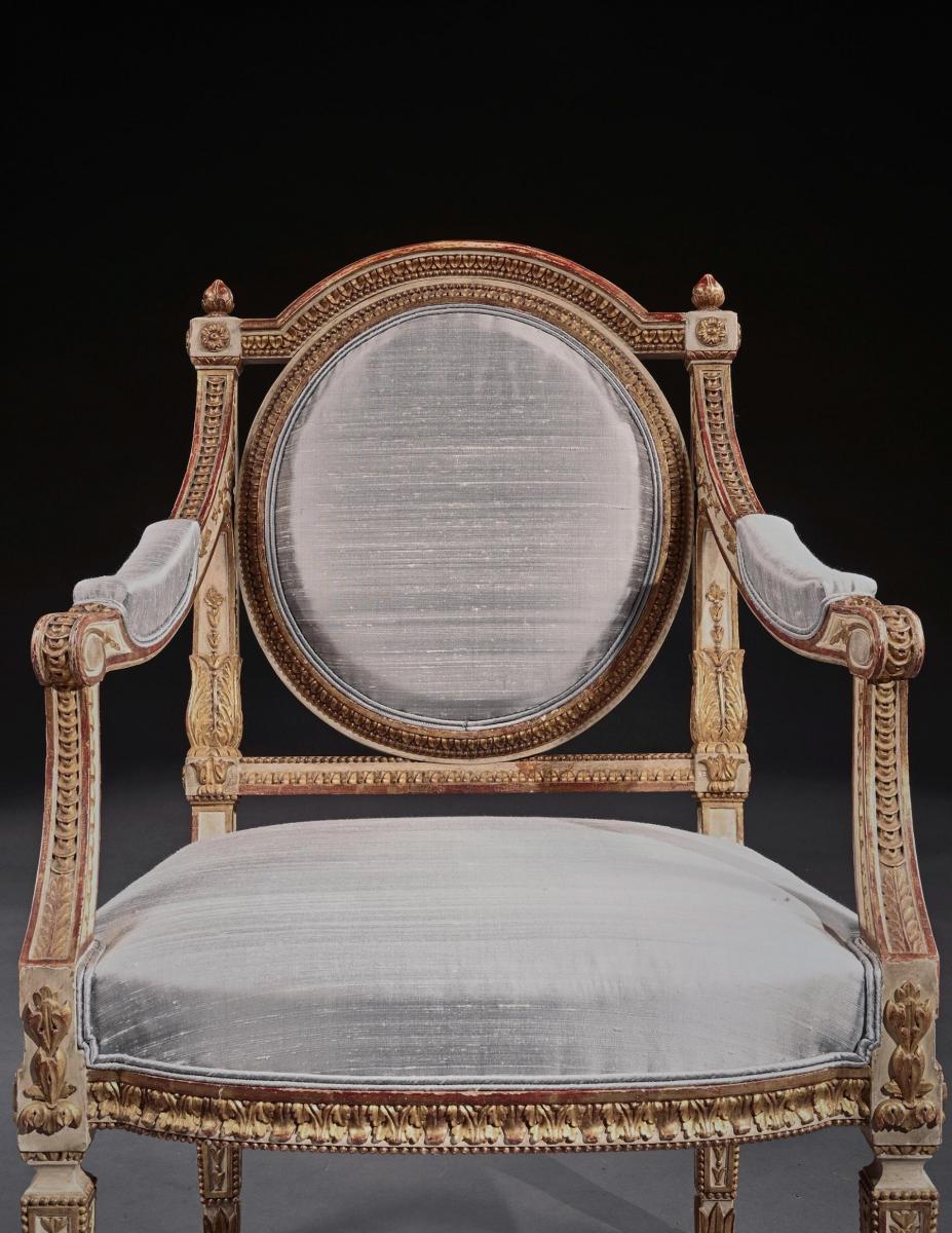 Fine Pair of 19th Century Decorative Italian Painted and Parcel Gilt Armchairs of Neo-classical Design