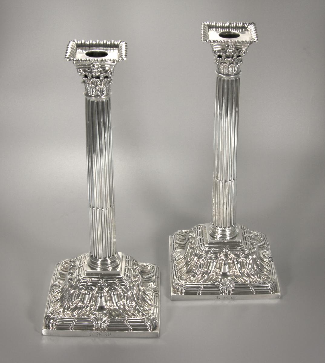 GEORGE III Pair of  Silver Tall  Corinthian filled Candlesticks by Ebeneze Coker. London 1761.