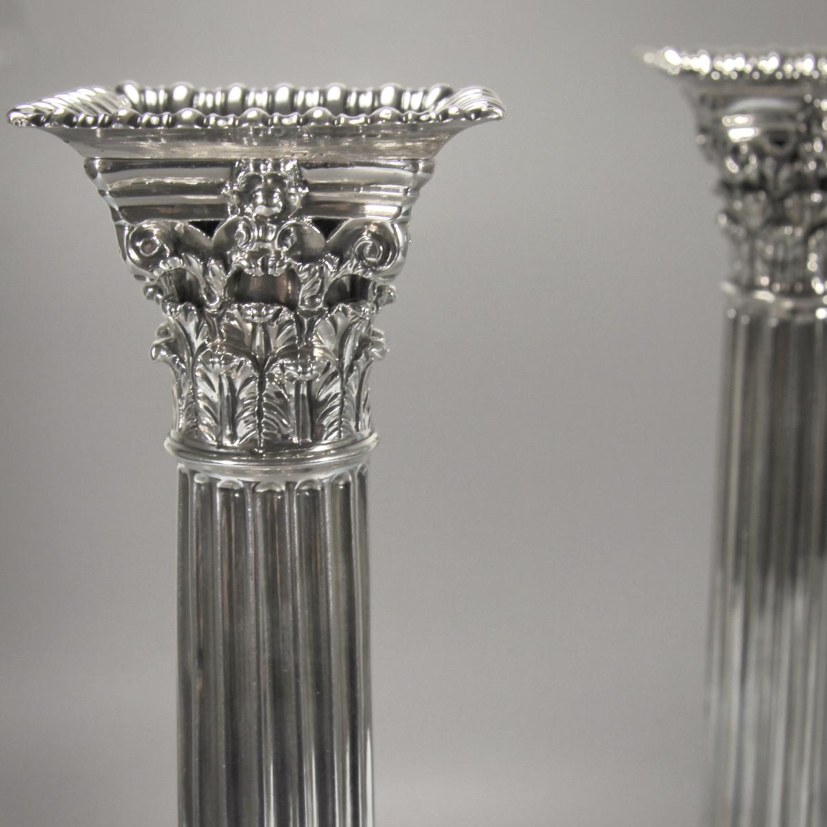 GEORGE III Pair of  Silver Tall  Corinthian filled Candlesticks by Ebeneze Coker. London 1761.