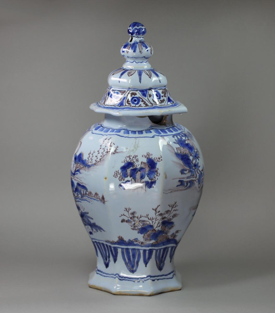 French faience blue and manganese jar and cover, Nevers, circa 1700