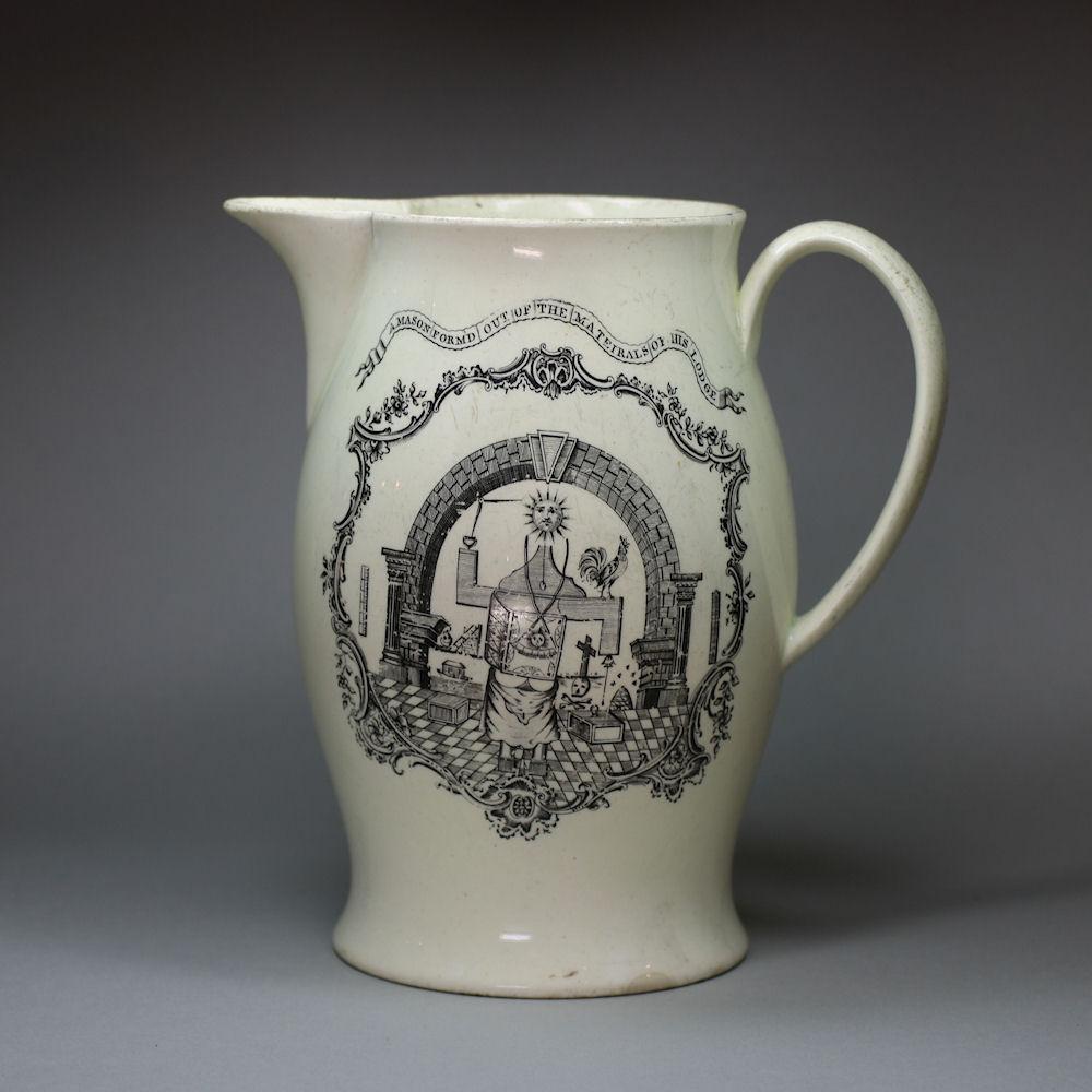 English creamware transfer-printed Masonic jug, c.1800