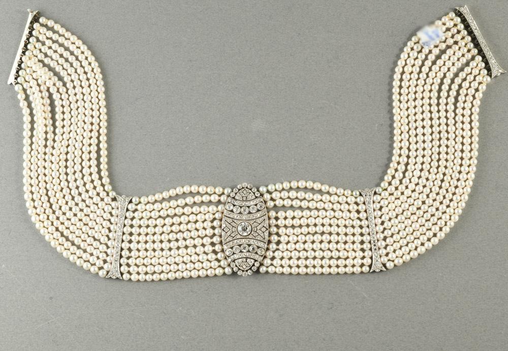 Edwardian diamond cultured pearl choker, circa 1910