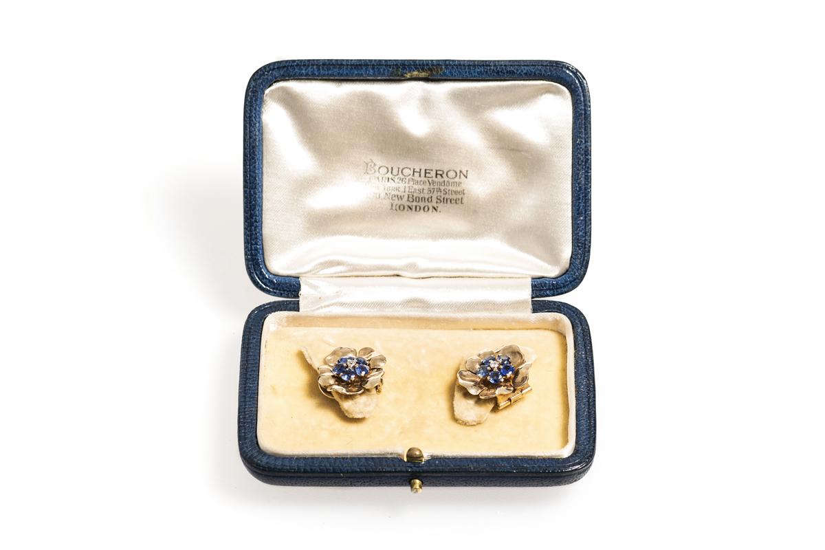 Vintage Boucheron Floral Clip Earrings in 18 Carat Gold with Sapphires & Diamonds, English circa 1950.