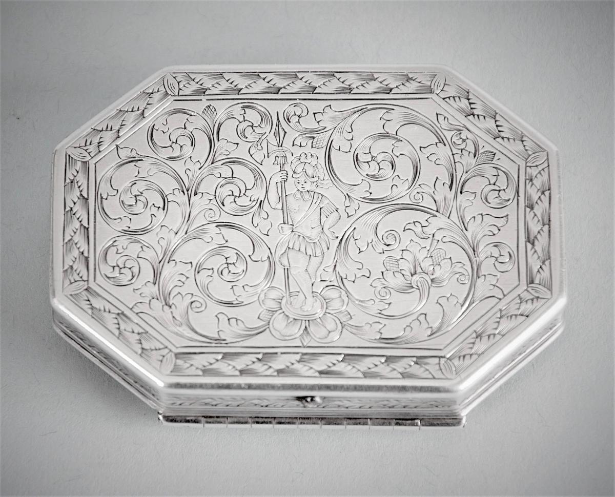 Rare William and Mary, late 17th Century engraved silver cut-corner rectangular box. London circa 1690