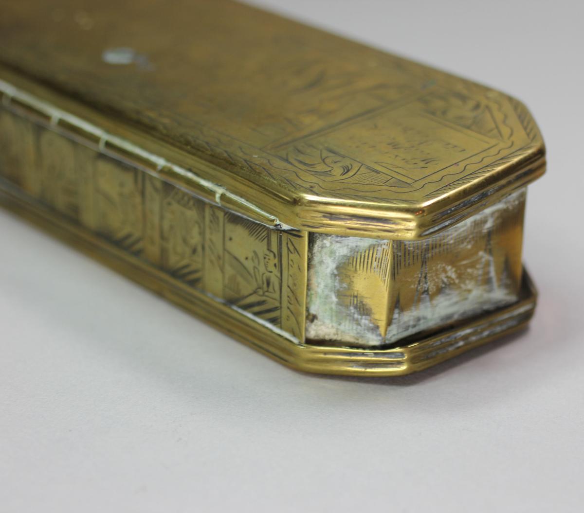 Dutch brass and copper octagonal tobacco box, 18th century